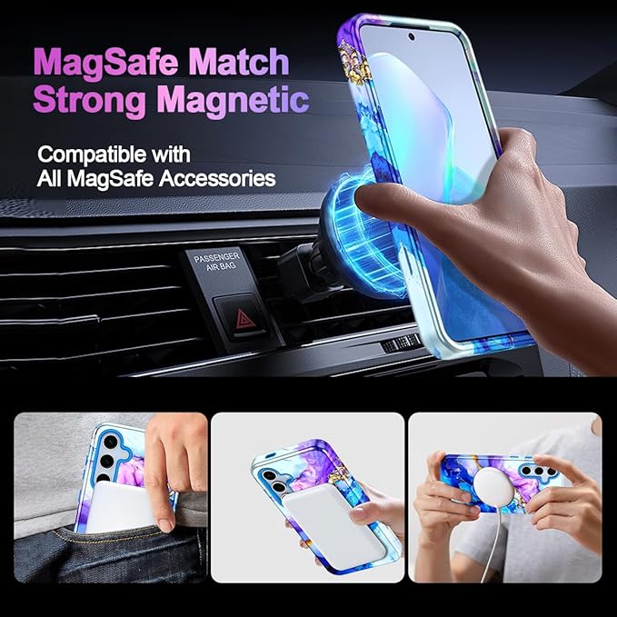 Casetego for Galaxy S24 FE Case,Compatible with MagSafe,[Military Grade Drop Test] Full Body Protection Slim Shockproof Rugged Marble Women Case for Samsung Galaxy S24 FE 6.7 inch,Azure Blue