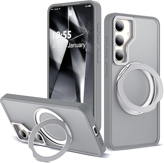 for Samsung Galaxy S25 Case with 360°Rotatable Magnetic Ring Stand Compatible with Mag-Safe Military Protection Shockproof Matte Translucent Phone Cases for Samsung Galaxy S25,Gray