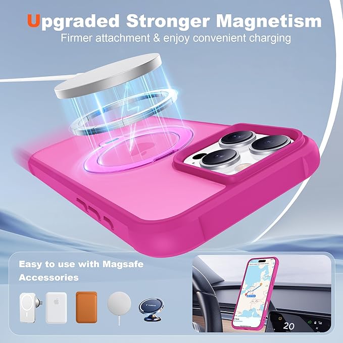 Compatible with iPhone 16 Pro Case with Invisible Magnetic 360°Spin Stand,Military-Grade Shockproof Protection [Compatible with Mag-Safe] Non-Slip Edge Translucent Case (6.3",Hot Pink)