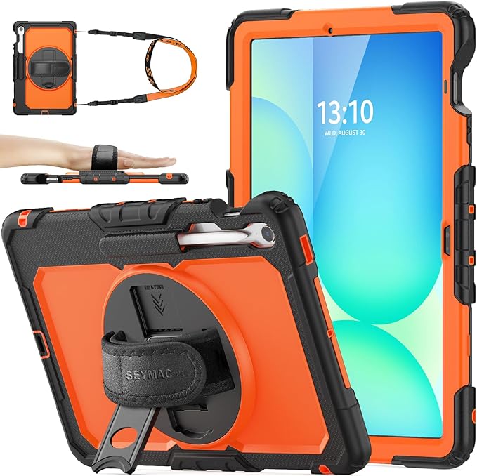 SEYMAC stock Case for Samsung Galaxy Tab S10 FE+ Plus 5G Tablet Case 13.1'' Protective with Screen Protector, Pencil Holder, 360 Rotating Stand, Hand Strap, Shoulder Strap, Orange