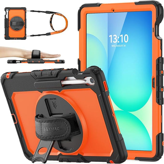 SEYMAC stock Case for Samsung Galaxy Tab S10 FE+ Plus 5G Tablet Case 13.1'' Protective with Screen Protector, Pencil Holder, 360 Rotating Stand, Hand Strap, Shoulder Strap, Orange