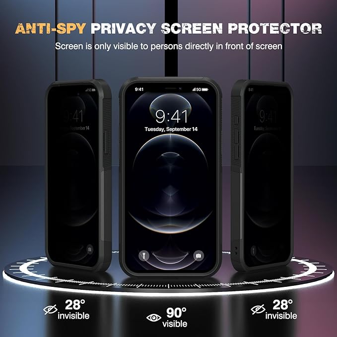 Diaclara Designed for iPhone 12 Pro Max Case, [with Privacy Screen Protector] [Anti Spy] [Military Grade Drop Protection] Heavy Duty Full-Body Shockproof Phone Case, Black