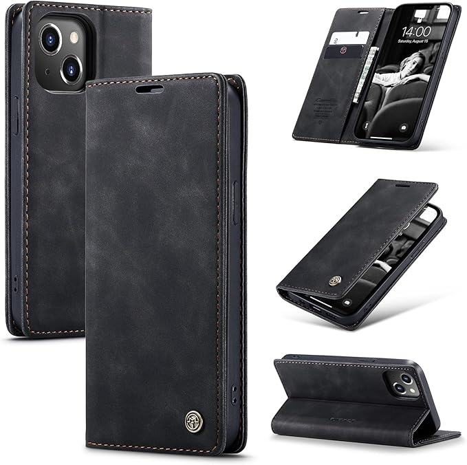 for iPhone 13 Case, Flip Wallet Leather Case with Card Holder Magnetic Closure Shockproof Kickstand Protective Phone Cases Cover for iPhone 13, Black