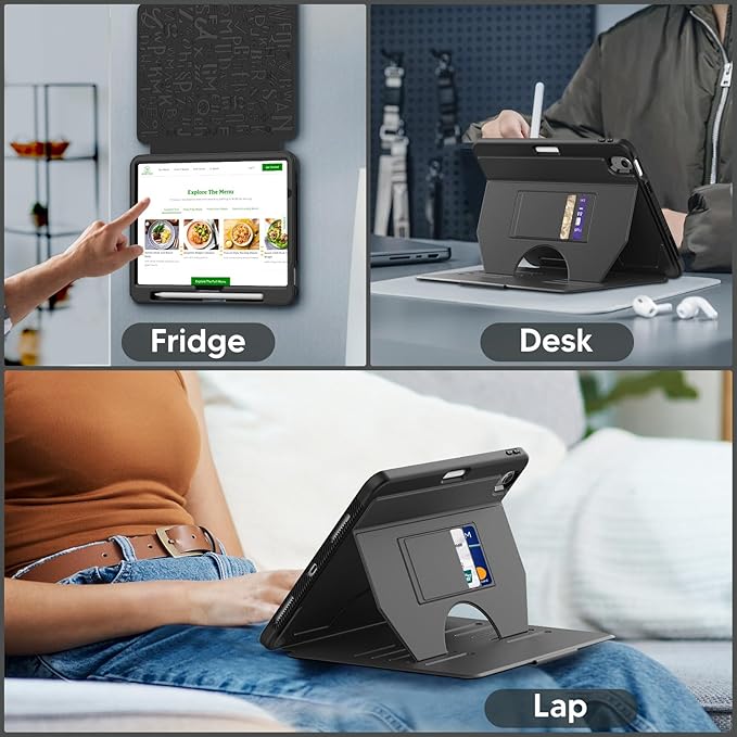 SEYMAC for iPad Air 11 inch Case M3/ M2 (2025/2024), Full Protective Auto Sleep/Wake Strong Magnetic Cover with 5 Standing Angles, Pencil Holder, Black