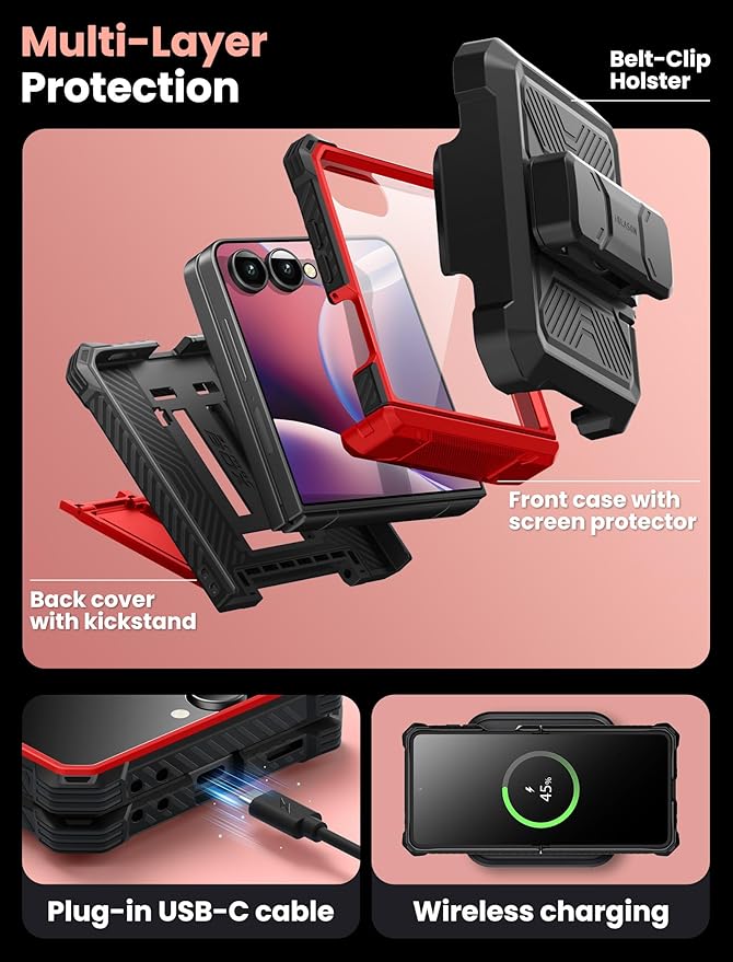 i-Blason for Samsung Galaxy Z Flip 7 Case with Stand, [Tempered Glass Screen Protector] [Hinge Protection] [Belt-Clip], Full-Body Military Protection Phone Case for Samsung Z Flip 7, Armorbox, Red
