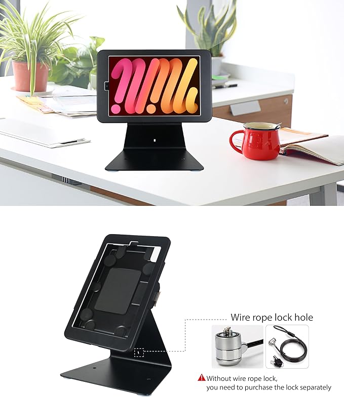 Desktop Anti-Theft Security Kiosk Stand Holder for iPad Mini 7 A17 Pro 2024 8.3"/ iPad Mini 6 2021 8.3",with Lock & Key,Flip &360°Rotating Horizontal or Vertical Design(Black)