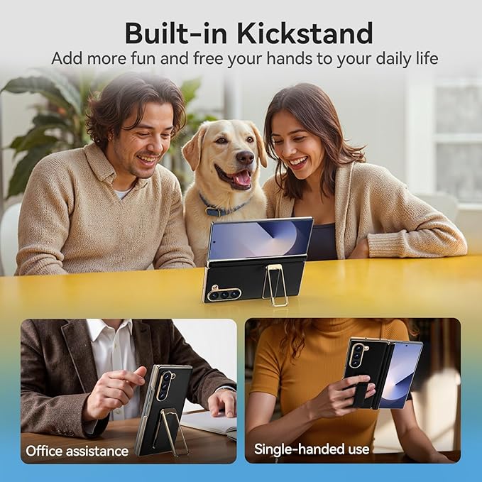 for Samsung Galaxy Z Fold 6 Case with Kickstand,【Military Grade Hinge Protection】【Camera Cover】, Scratch Resistant Shockproof Leather Phone Case for Z Fold 6 Case, Black（Back cover version）