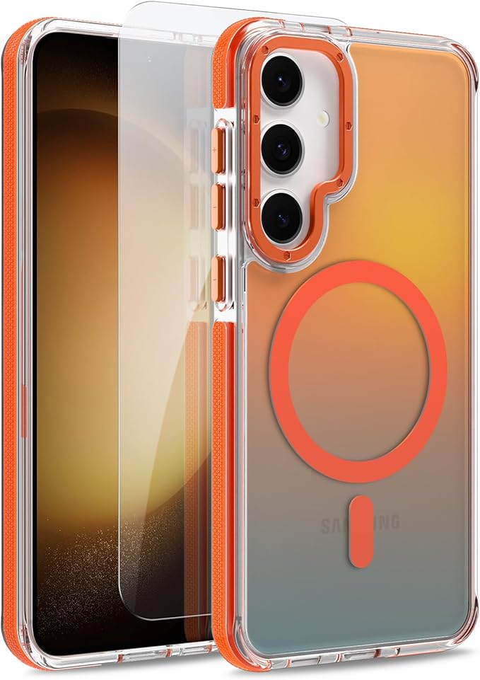 MOWIME Magnetic Case for Samsung Galaxy S23 [Compatible with Magsafe] [Cute Fashion Fluorescent Design] [1 Screen Protector] Slim Translucent Matte Case for Galaxy S23 6.1", Orange