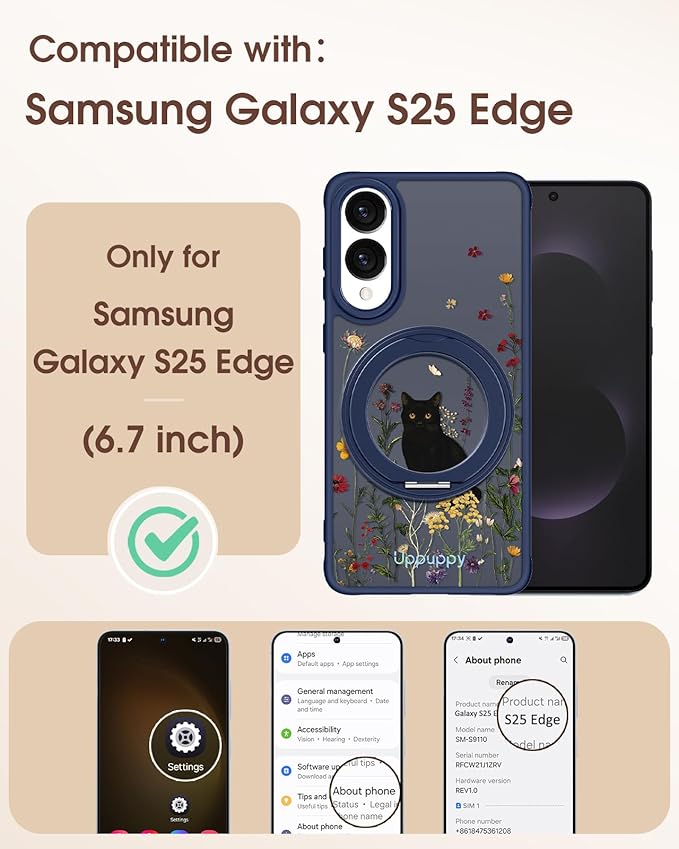 for Samsung Galaxy S25 Edge Case with 360° Rotatable Magnetic Ring - Compatible with MagSafe, Semi-Transparent Soft-Touch Material Shockproof, Cute Black Cat Design for Women Girl