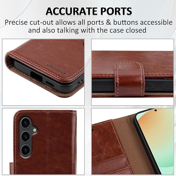 MONASAY Wallet Case Fit for Samsung Galaxy S24 FE 6.1 inch 5G,[RFID Blocking] Flip Folio Leather Cell Phone Cover with Credit Card Holder, Brown