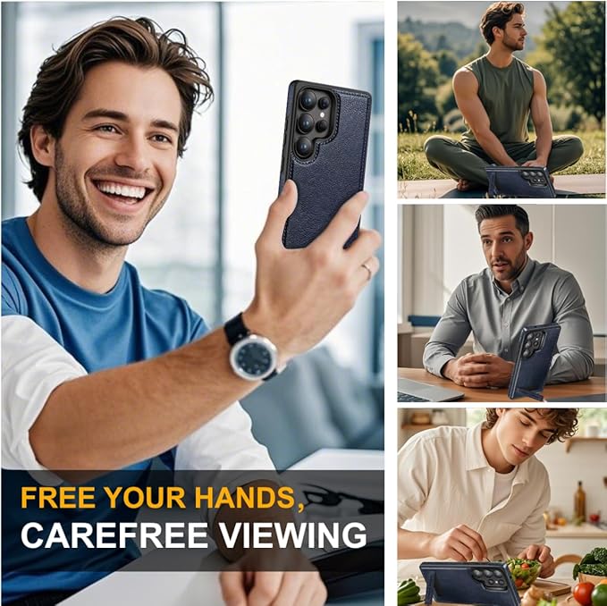 for Galaxy S25 Ultra Leather Case, Built-in Foldable Alloy Stand, with Camera Lens and Screen Protector, Slim Shockproof Kickstand Phone Cover 2025 (Blue)