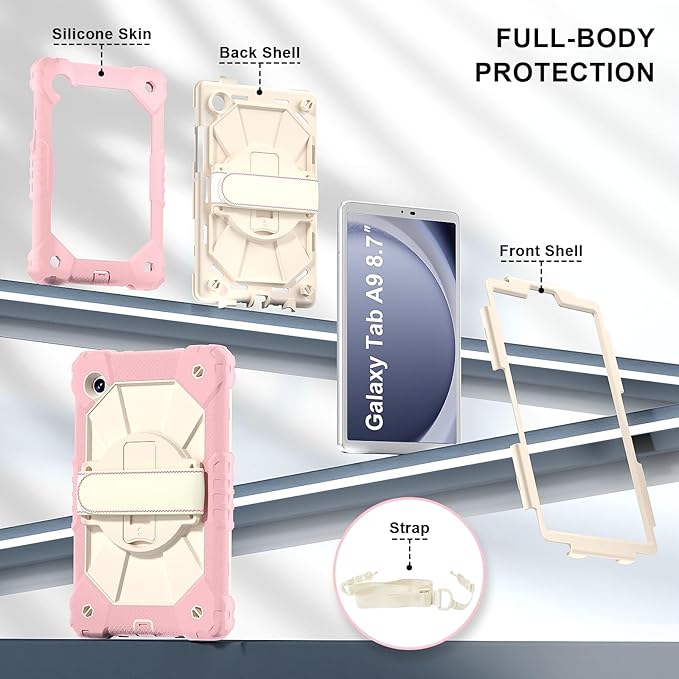 for Samsung Galaxy Tab A9 Case 8.7 inch (SM-X110/X115/X117), Heavy Duty Shockproof Silicone Cover Rugged 360 Stand Hand Shoulder Strap for Galaxy A9 Tablet Rose Red+Cream Stone