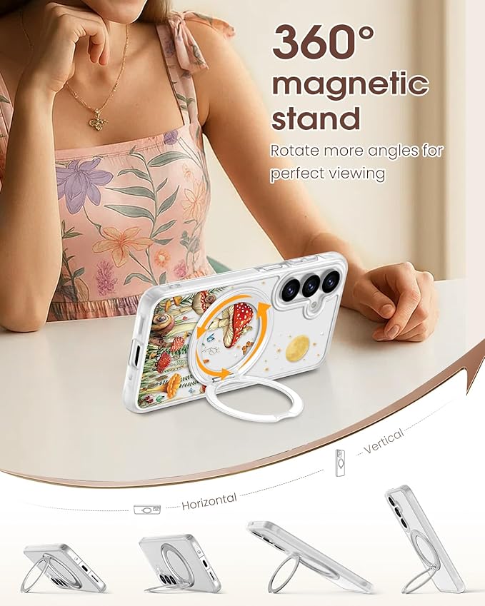 for Samsung Galaxy A16 4G/5G Case with 360° Rotatable Magnetic Ring - Semi-Transparent Anti-Fingerprint Soft-Touch Material Shockproof, Cute Mushroom & Butterfly Design for Women Girl