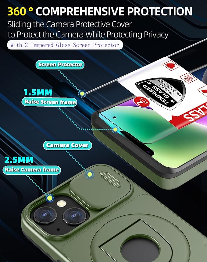 for iPhone 13 Case & for iPhone 14 Case Magnetic Compatible with MagSafe Wireless Charging with 2 Screen Protectors,Built-in Kickstand & Camera Cover Military Grade Heavy Duty Protection Green