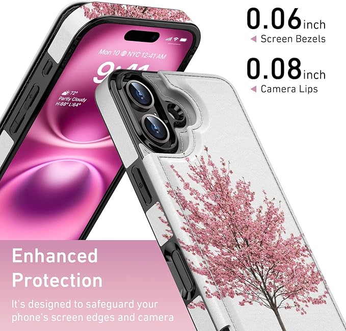 FUNMIKO for iPhone 16 Plus Wallet Case with Card Holder, RFID-Blocking, Military-Grade Protection & UV-Printed Artwork, Magnetic Closure with Leather Kickstand - Blooming Cherry Tree
