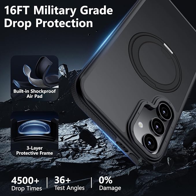 360°Spin Magnetic Stand for Samsung Galaxy S25 Case, [Compatible with Magsafe] Military Grade Drop Protection, Matte Hard Slim S25 Phone Case with Kickstand & Ring Holder (Black) 12