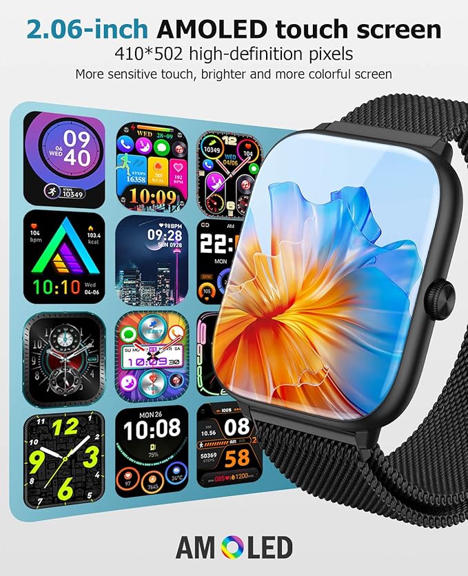 Smart Watch for Men with Blood Pressure Monitor, 2.06" AMOLED Always-On Display, IP68 Waterproof Fitness Tracker, 118 Sports Modes, Heart Rate/SpO2/Sleep Monitor, Compatible with Android iPhone