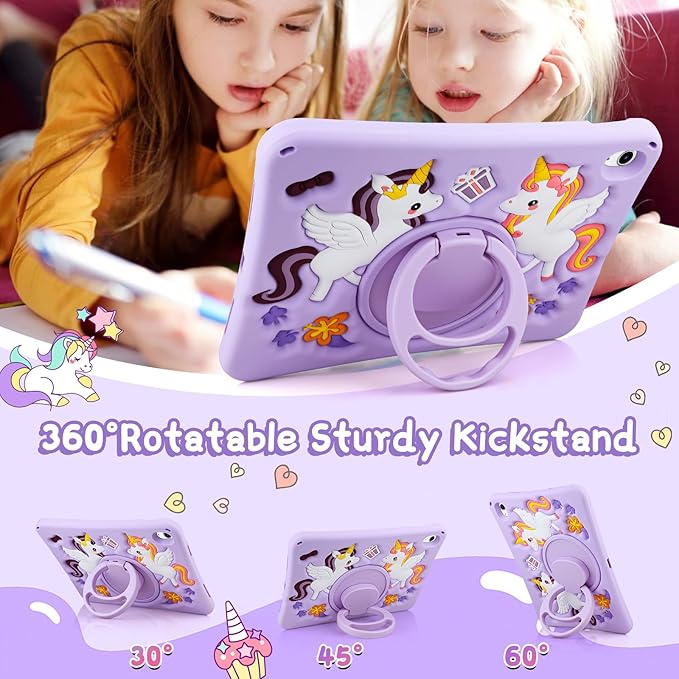 HianDier for iPad A16 Case 11th 2025 iPad 10th Generation Case for Kids Cute Unicorn Silicone Tablet Cover with Detachable Strap and Rotatable Stand Shockproof Cover for iPad 11inch 10.9inch-Purple