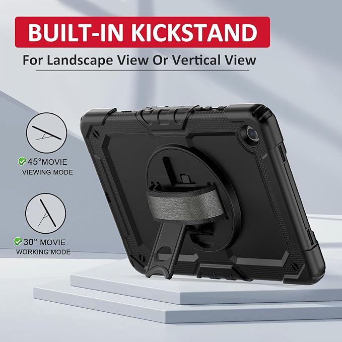 Ambison Case for Samsung Galaxy Tab A9+ Plus 11'' 2023, [Kids Proof] Full Body Protective Case with 9H Tempered Glass Screen Protector, 360° Rotatable Kickstand & Hand Strap (Black)