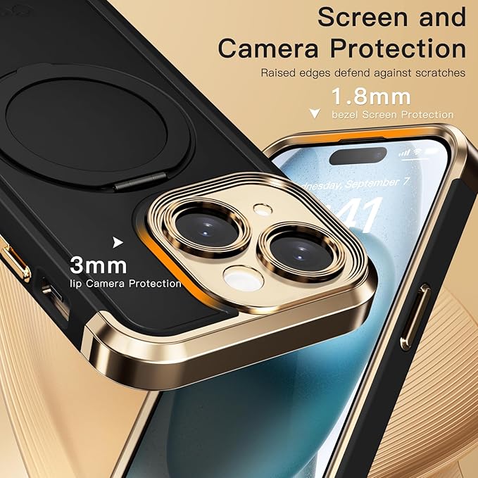 COOLQO for iPhone 15 Plus Case 6.7'' Upgraded 360° Spin Magnetic Stand [Compatible with Magsafe][Military Protection] Shockproof Protective Phone Holder Cover for iPhone 15 Plus, Black Gold