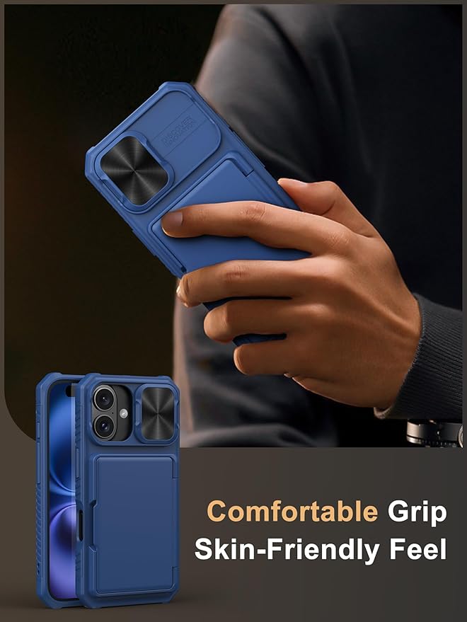 Vihibii for iPhone 16 Wallet Case with Card Holder (4 Cards) [RFID Blocking] & Slide Camera Cover & Raised Edges Protect Screen, Shockproof Rugged Phone Cover for iPhone 16 6.1" 2024, Blue