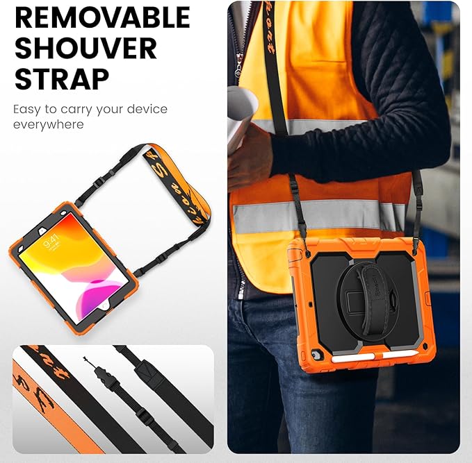 Timecity Case for iPad 9th/ 8th/ 7th Generation 10.2 inch - Heavy Duty Protective Cover with Screen Protector, Rotating Stand, Shoulder Strap & Pencil Holder | Kids-Friendly (Orange)