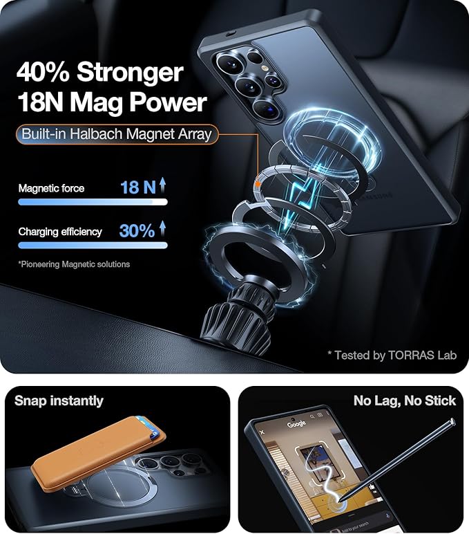 TORRAS 360 Spin Magnetic Stand for Samsung Galaxy S25 Ultra Case, Fit for Magsafe, Military Grade Slim Protective S25 Ultra Case with Kickstand & Ring Holder, Ostand Spin, Translucent Frosted Black