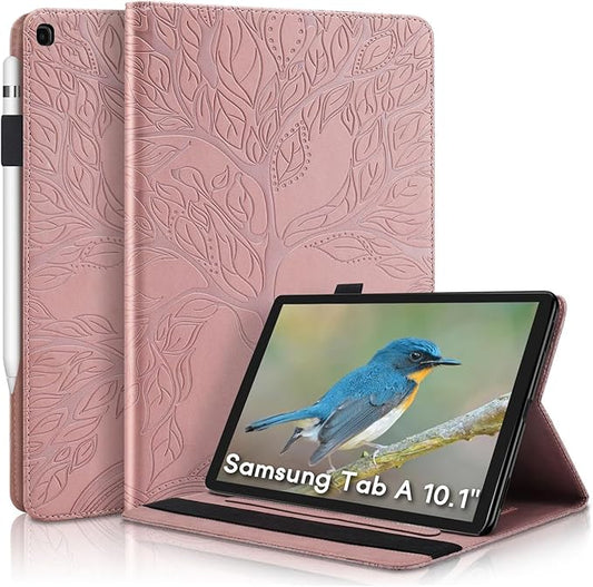 Portfolio Cover for Galaxy Tab A 10.1 Inch, Unique Tree Design with Card Slots, Slim and Lightweight, Precise Cutouts Tablet Case Compatible with Samsung Galaxy Tab A 2019 SM-T510 T515 Rosegold Pink