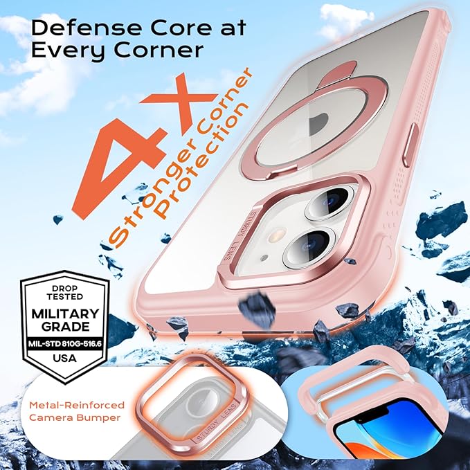 Anqrp O-Ring Magnetic Kickstand Clear Case for iPhone 12/12 Pro, Compatible with Mag-Safe, Military-Grade Reinforced 4-Corners Anti-Yellowing Transparent Phone Case Cover for iPhone 12/12 Pro, Pink