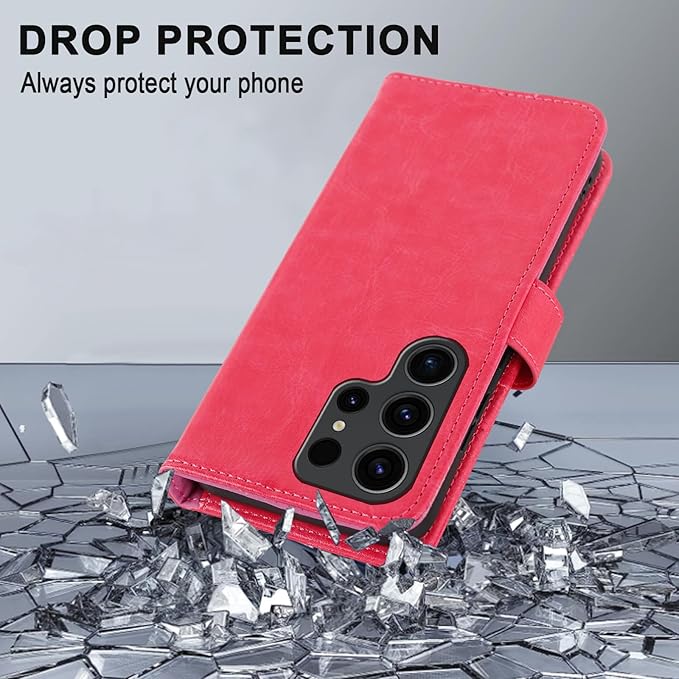 MONASAY Wallet Case Compatible for Galaxy S23 Ultra 5G,[RFID Blocking] Flip Folio Leather Cell Phone Cover with Credit Card Holder, 6.8 inch, Hot-Pink