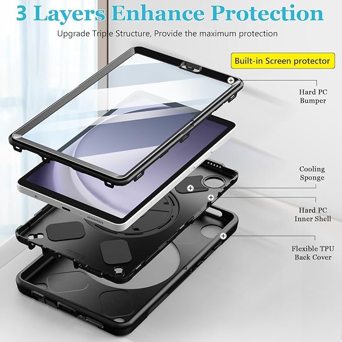 Case for Galaxy Tab A9 Plus 5G 2023: Heavy Duty TPU Cover for Samsung Tablet A9+ 11 Inch with Screen Protector- Stand - Handle - Shoulder Strap -S-Pen Holder- Black