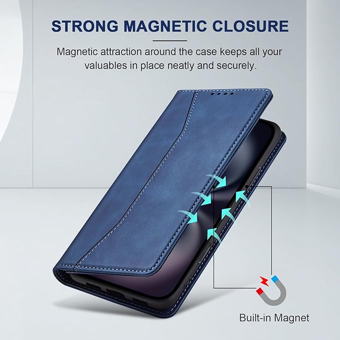Jasonyu Flip Wallet Case for iPhone 16 Plus,Leather Magnetic Folio Cover with Card Holder,Kickstand - TPU Shockproof Durable Protective Phone Case,Blue