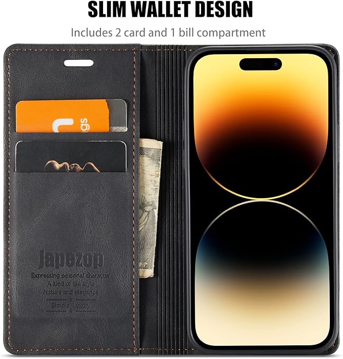 japezop iPhone 14 Pro Wallet Case with [RFID Blocking] Credit Card Slots Folio Magnetic Stand,Leather Flip Case Wallet for iPhone 14 Pro 5G 6.1 Inch (Black)