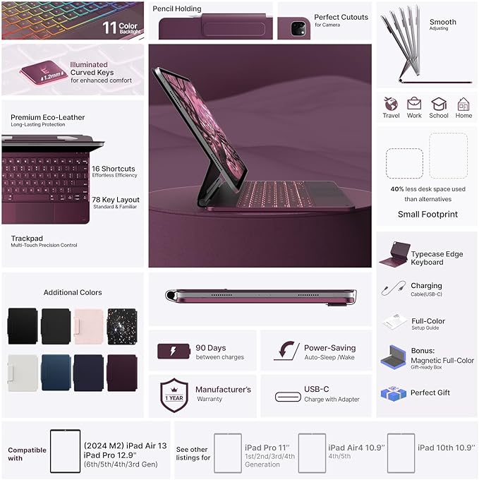 typecase Keyboard Case for iPad Air 13(M3 2025 / M2 2024) and iPad Pro 12.9 (6th, 5th, 4th, 3rd Gen),Magic Keyboard, Magnetic Keyboard Case with Multi-Touch Trackpad, 11 Colors Backlight,Raspberry