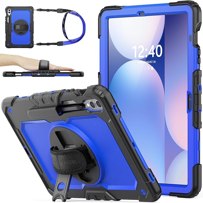 SEYMAC Stock Case for Samsung Galaxy Tab S10 Plus/S9 Plus 5G Tablet 12.4'' with Screen Protector & Pencil Holder, 360 Rotating Hand Strap & Stand, Drop-Proof, Blue