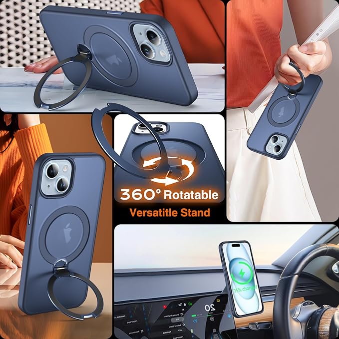 360° O-Ring MagStander for iPhone 15 Case with Magnetic Kickstand Ring Holder [Compatible with MagSafe][360°Rotate Stand Ring][Military Shockproof] Magnet iPhone 15 Phone Cover Matte Blue