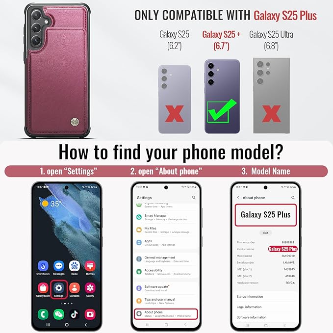 Vinich for Samsung Galaxy S25 Plus Wallet Case with Card Holder, RFID Blocking Credit Slots Kickstand Shockproof Phone Cover for Women Men, Wine Red