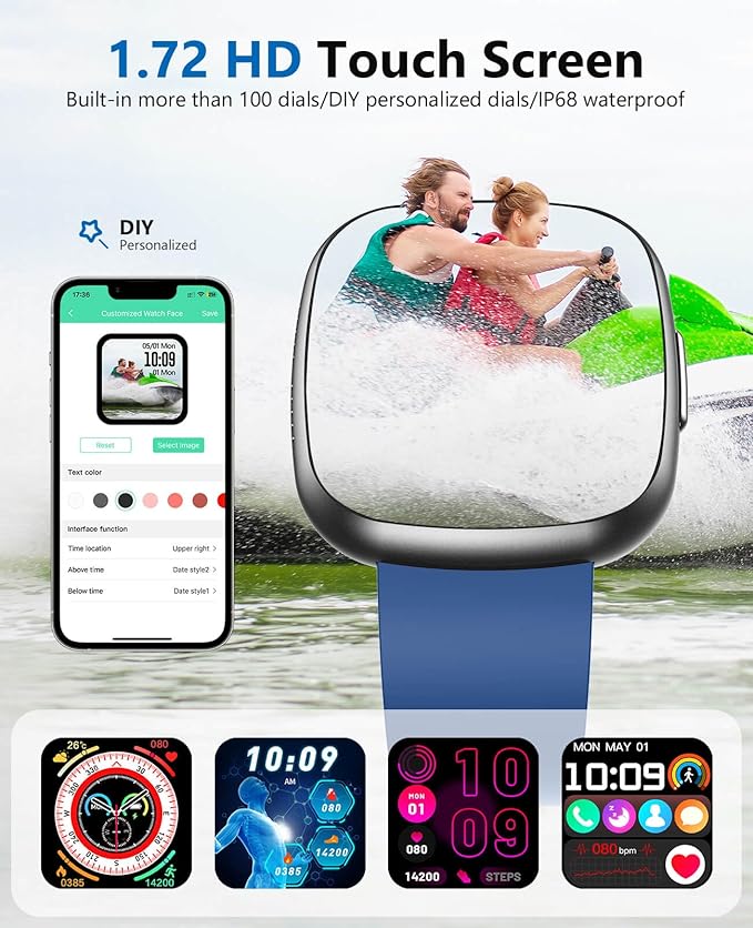 Smart Watch for Men with Bluetooth Call, 1.72" Super Retina HD Display with Sleep, 24/7 Heart Rate HRV Spo2 Monitor, Waterproof Square Fitness Tracker, 135 Sport Modes, Smartwatch for Android iPhone