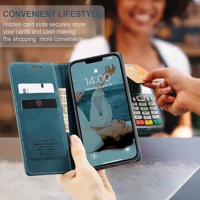 for iPhone 13 Pro Case, Flip Wallet Leather Case with Card Holder Magnetic Closure Shockproof Kickstand Protective Phone Cases Cover for iPhone 13 Pro, Blue-Green