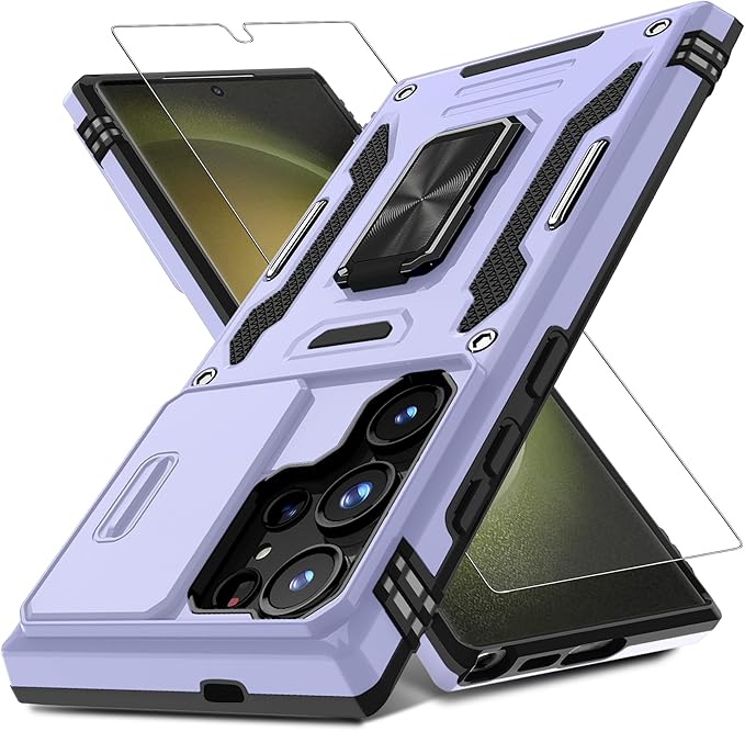 DEERLAMN Case for Samsung Galaxy S25 Ultra with Slide Camera Cover+Screen Protector (1 Pack), Rotated Ring Kickstand Military Grade Shockproof Protective Cover-Light Purple