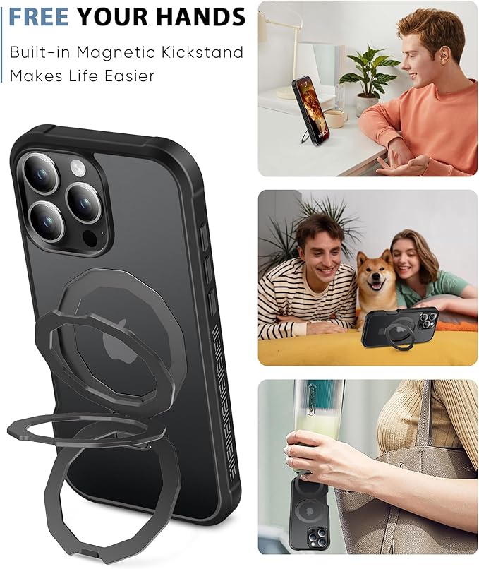 Compatible with iPhone 16 Pro Max Case, Built-in Screen Protector & Seamless Stand, with Camera Lens Protector, Strong Magnetic Matte Phone Case, Full Body Protective Cover for 6.9 Inch (Black)