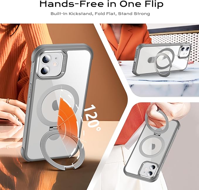 Anqrp O-Ring Magnetic Kickstand Clear Case for iPhone 12/12 Pro, Compatible with Mag-Safe, Military-Grade Reinforced 4-Corners Anti-Yellowing Transparent Phone Case Cover for iPhone 12/12 Pro, Gray
