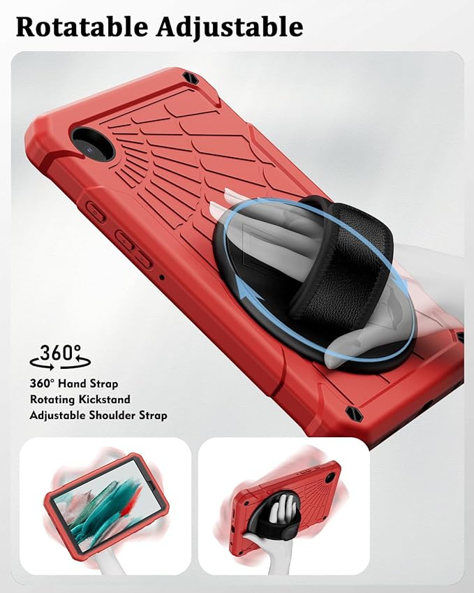 Case for Samsung Galaxy Tab A9 8.7 Inch 2023, 360° Rotating Stand, Hand Strap&Shoulder Strap Case for Samsung A9 Tablet(SM-X110/X115/X117) (Red)