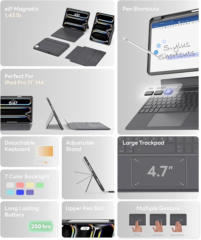 EIP Bluetooth Keyboard Case for iPad Pro 11 inch (M4) 2024, 11" Magnetic Detachable Cover with Trackpad, Patented Stylus Shortcuts, 7-Color Backlit Keys, Slim Protective Smart Case