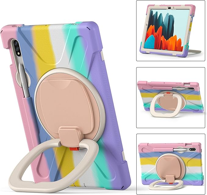Samsung Galaxy Tab S8 11" / S7 11" 360 Rotation Case with S Pen Holder, Rugged Rotating Stand, Hand & Shoulder Strap, Outdoor Cover (Colourful Pink)