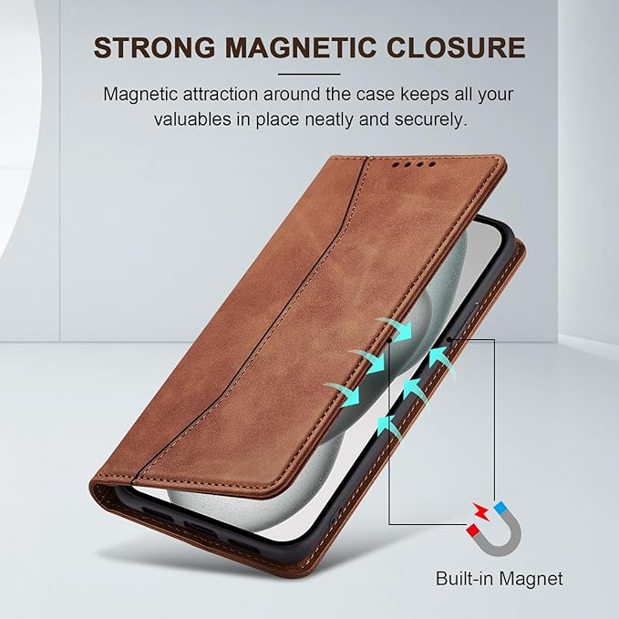 Jasonyu Flip Wallet Case for iPhone 15 Plus,Leather Magnetic Folio Cover with Card Holder,Kickstand - TPU Shockproof Durable Protective Phone Case,Brown
