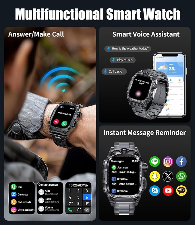 Military Smart Watches for Men(Answer/Make Calls),2.01"HD Screen Sports Smartwatch with LED Flashlight,700mAh Battery,Heart Rate/Sleep Monitor Fitness Tracker for Android iOS,100+Sport Modes,Black