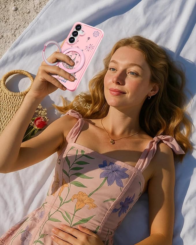 for Samsung Galaxy A16 4G/5G Case with 360° Rotatable Magnetic Ring - Semi-Transparent Anti-Fingerprint Soft-Touch Material Shockproof, Cute Pink Castle Design for Women Girl