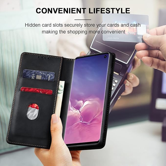 Jasonyu Flip Wallet Case for Samsung Galaxy S10,Leather Magnetic Folio Cover with Card Holder,Kickstand - TPU Shockproof Durable Protective Phone Case,Black