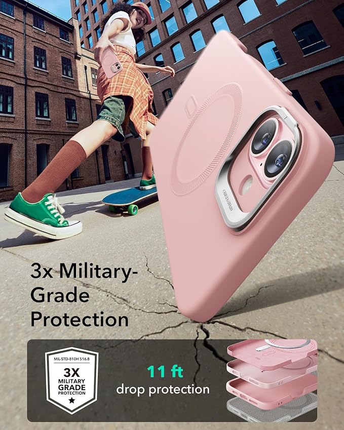 ESR for iPhone 16 Case, Silicone Case with Stand, Compatible with, Military-Grade Protection, Built-in Camera Stash Stand, Magnetic Phone Case for iPhone 16, Cloud Series, Pink